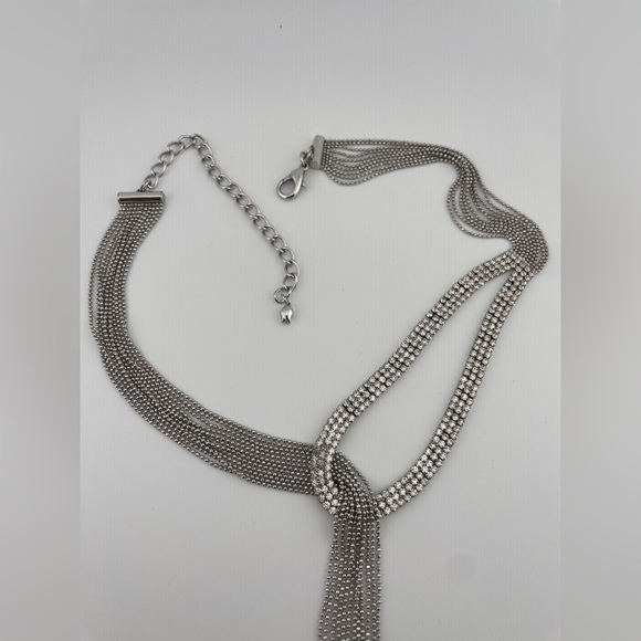 Modern Silver Mesh Lariat Necklace Rhinestone Loop Long Tassel Drop - Picture 7 of 11